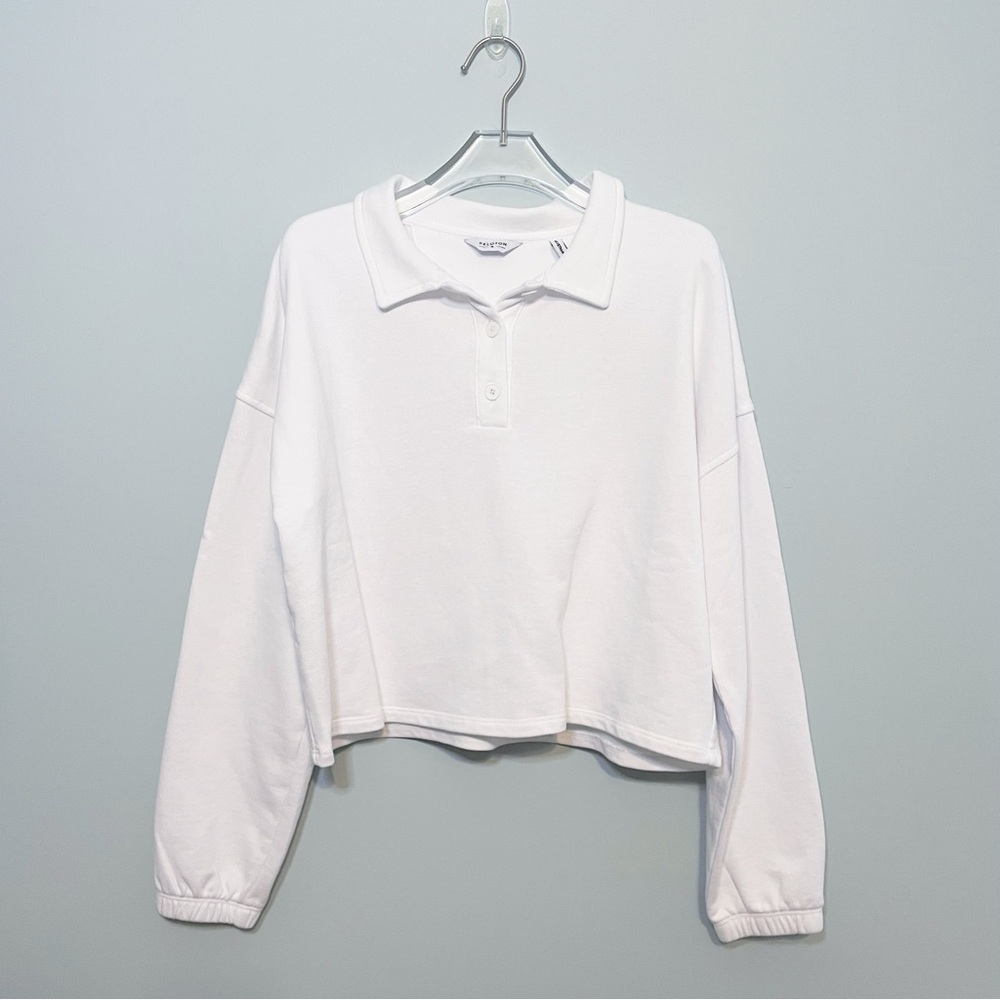 Peloton $68 Cropped Polo Sweatshirt White Purple Check Button Shirt Size Medium - Picture 2 of 8